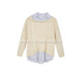 Women's Knitted Woven Collar&Hem Cable Crew-Neck Pullover